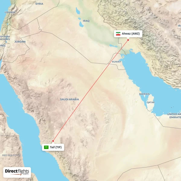 Taif - Ahwaz direct flight map