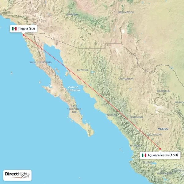 Tijuana - Aguascalientes direct flight map