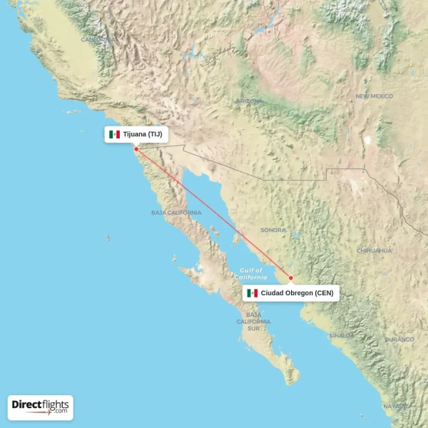 Tijuana - Ciudad Obregon direct flight map