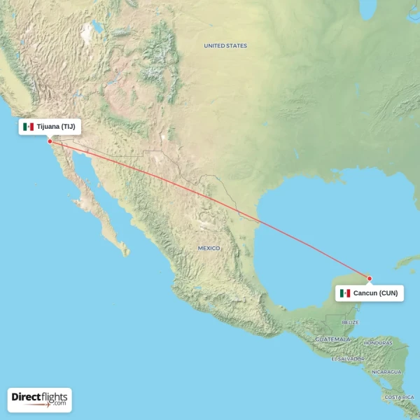 Tijuana - Cancun direct flight map