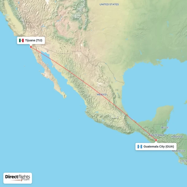 Tijuana - Guatemala City direct flight map