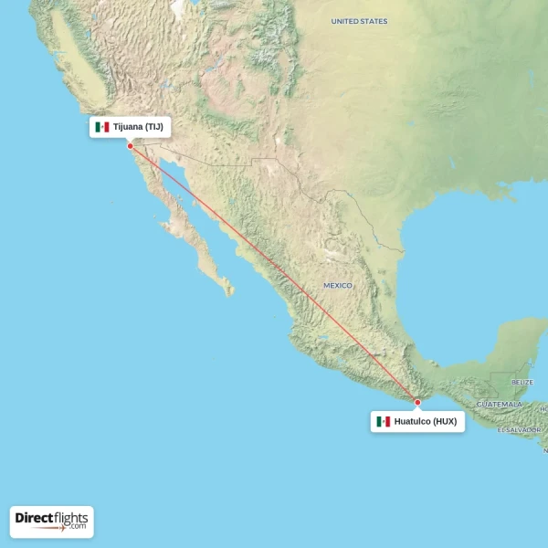 Tijuana - Huatulco direct flight map