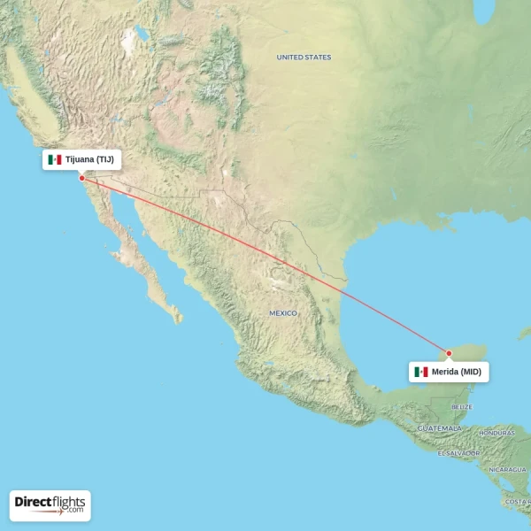 Tijuana - Merida direct flight map