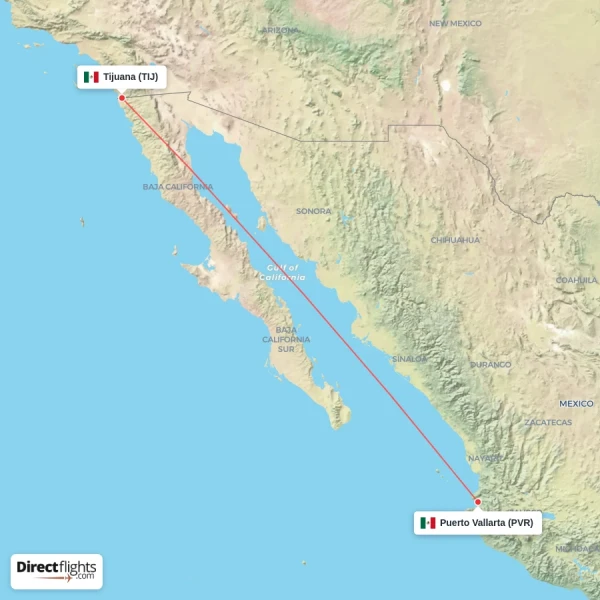 Tijuana - Puerto Vallarta direct flight map