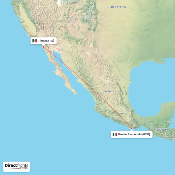 Tijuana - Puerto Escondido direct flight map