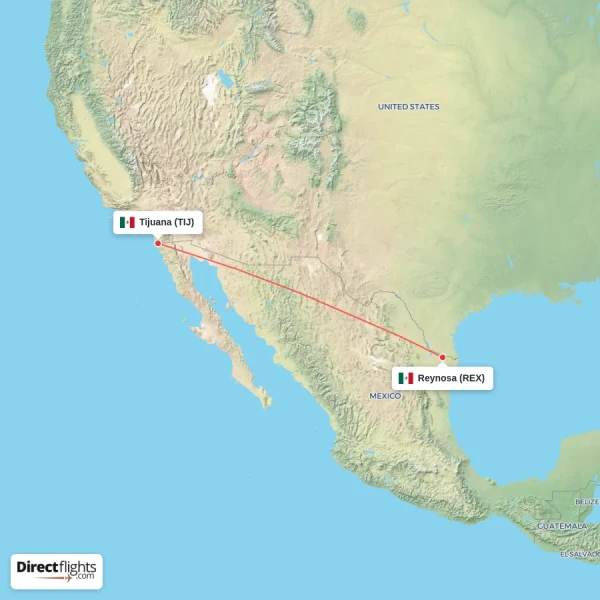 Tijuana - Reynosa direct flight map