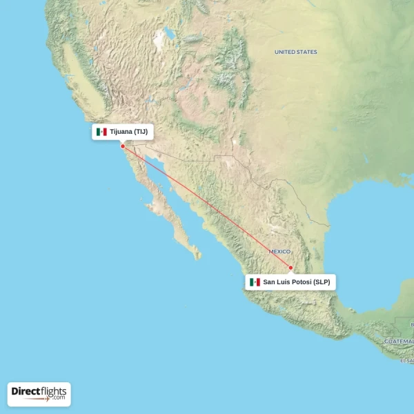 Tijuana - San Luis Potosi direct flight map