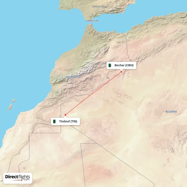Tindouf - Bechar direct flight map