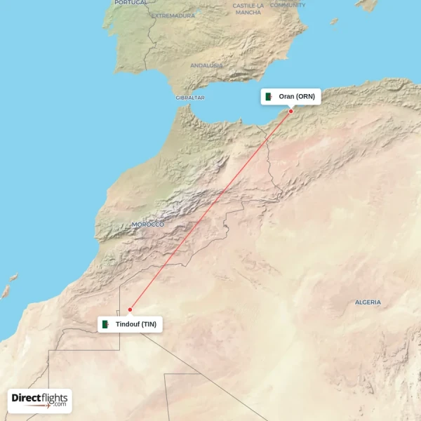 Tindouf - Oran direct flight map
