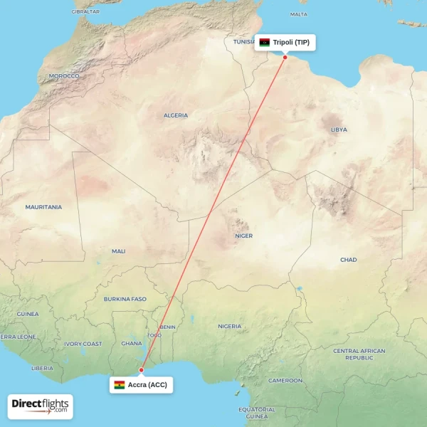 Tripoli - Accra direct flight map