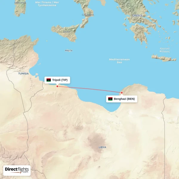 Tripoli - Benghazi direct flight map