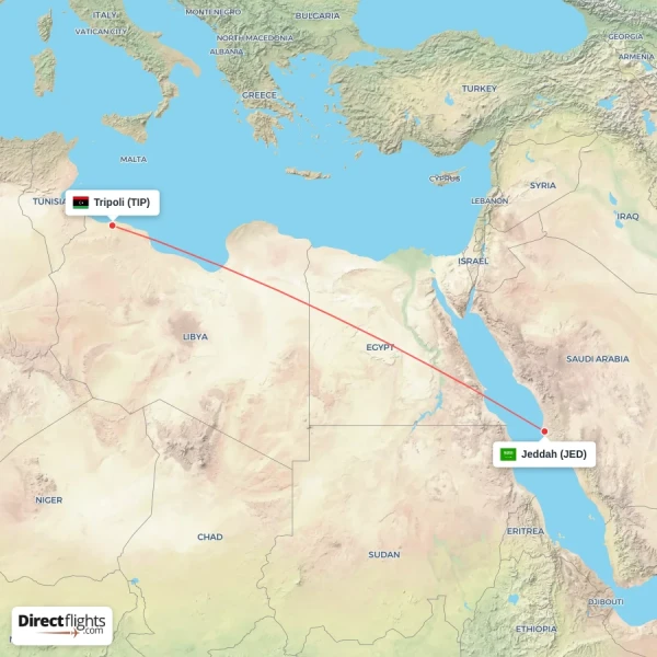 Tripoli - Jeddah direct flight map