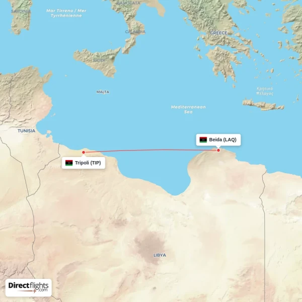 Tripoli - Beida direct flight map
