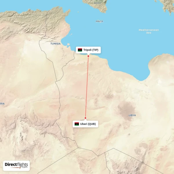 Tripoli - Ubari direct flight map