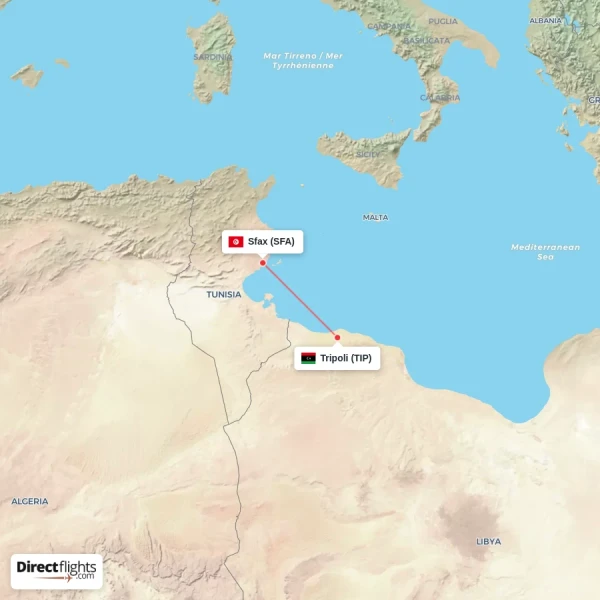 Tripoli - Sfax direct flight map