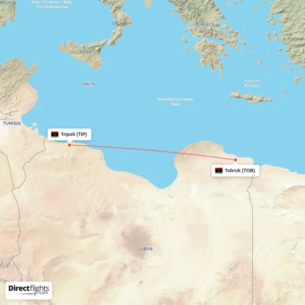 Tripoli - Tobruk direct flight map