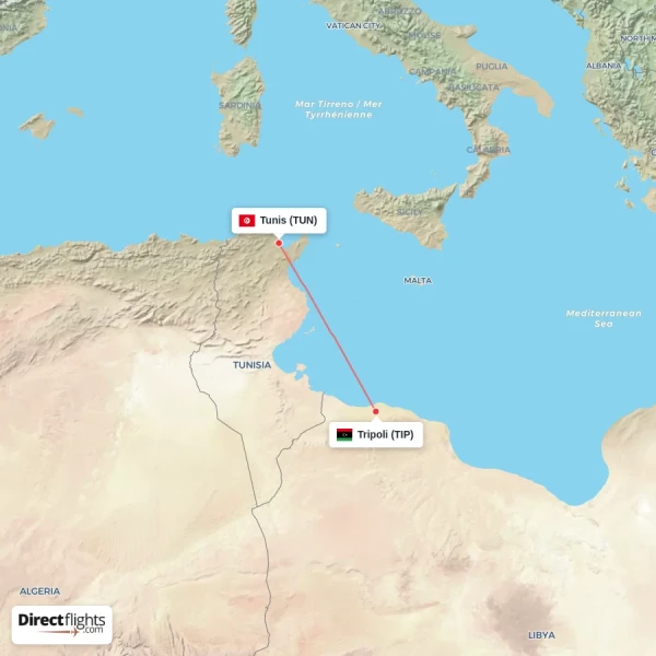Tripoli - Tunis direct flight map