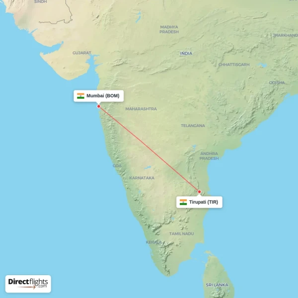 Tirupati - Mumbai direct flight map