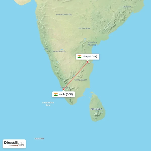 Tirupati - Kochi direct flight map