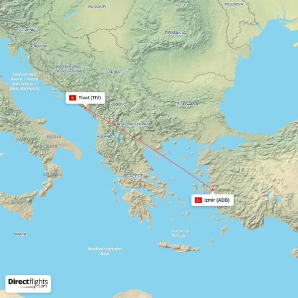Tivat - Izmir direct flight map
