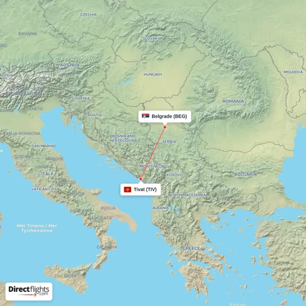 Tivat - Belgrade direct flight map