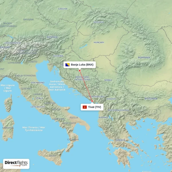 Tivat - Banja Luka direct flight map