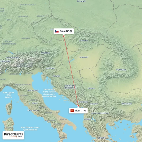 Tivat - Brno direct flight map