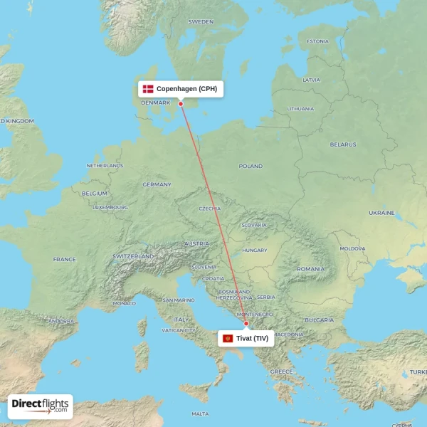Tivat - Copenhagen direct flight map