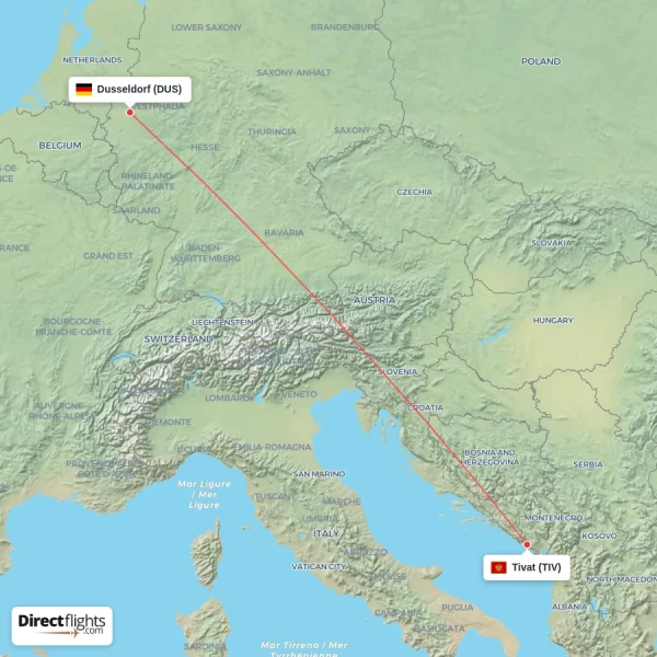 Tivat - Dusseldorf direct flight map