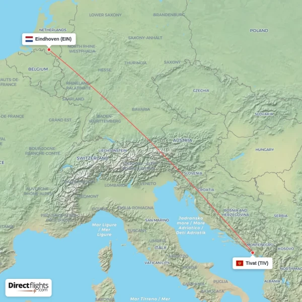 Tivat - Eindhoven direct flight map