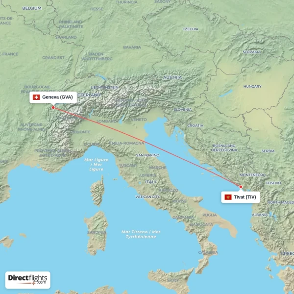 Tivat - Geneva direct flight map