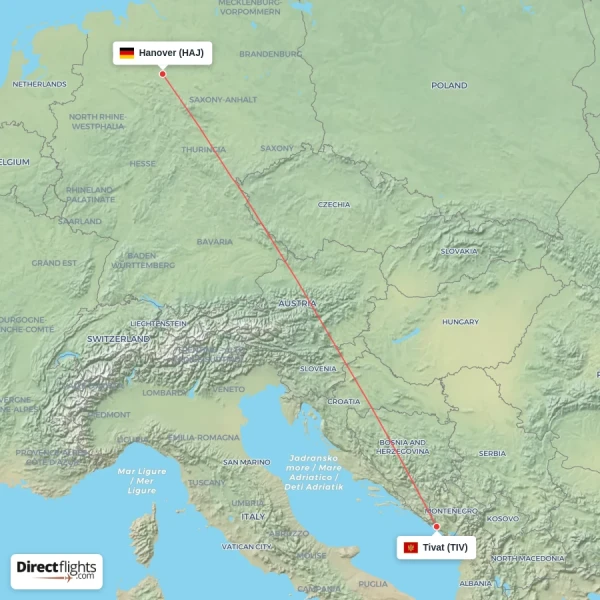 Tivat - Hanover direct flight map