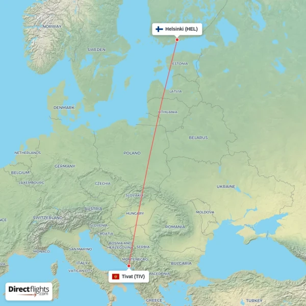 Tivat - Helsinki direct flight map