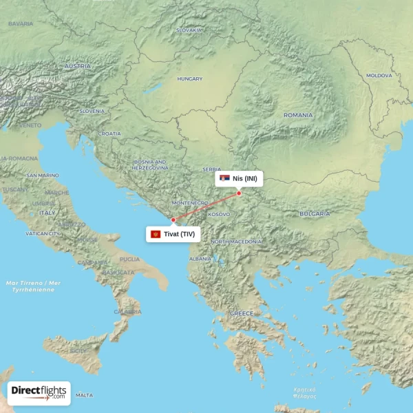 Tivat - Nis direct flight map
