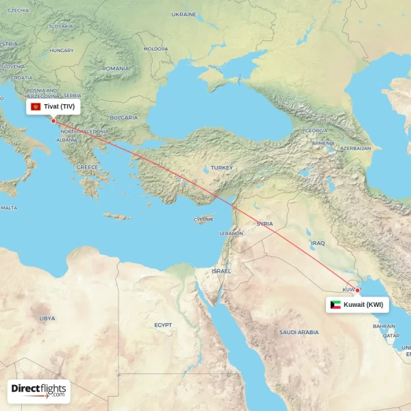 Tivat - Kuwait direct flight map