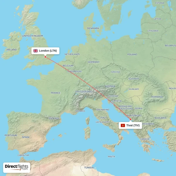 Tivat - London direct flight map