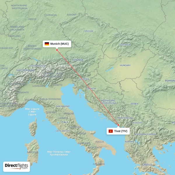 Tivat - Munich direct flight map