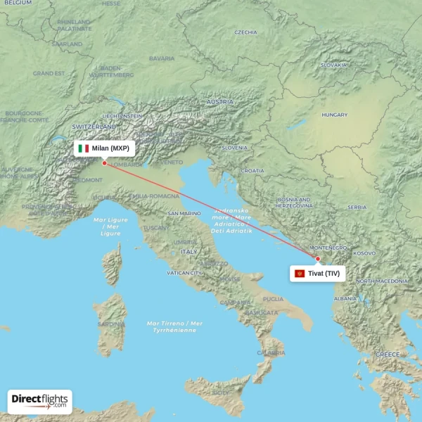 Tivat - Milan direct flight map