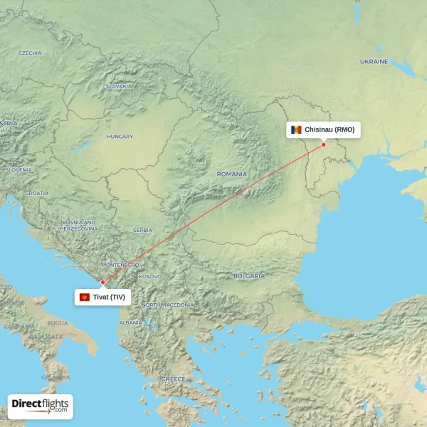 Tivat - Chisinau direct flight map