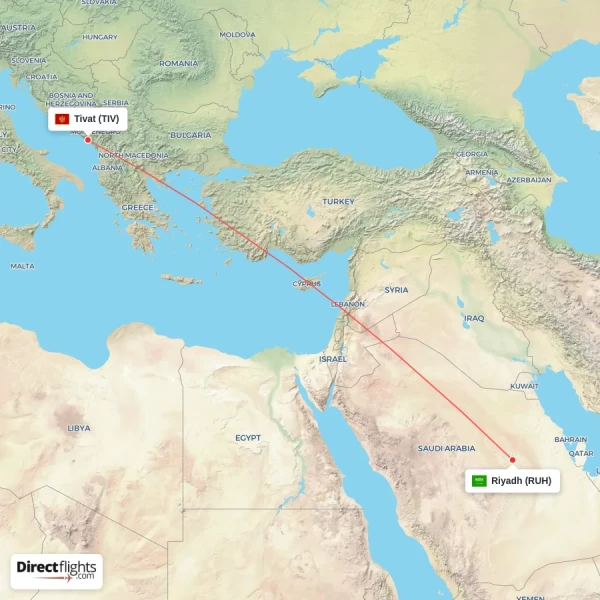 Tivat - Riyadh direct flight map