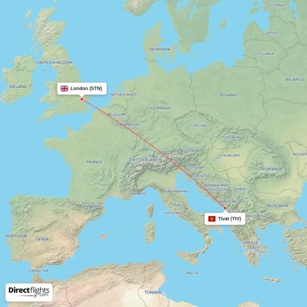 Tivat - London direct flight map