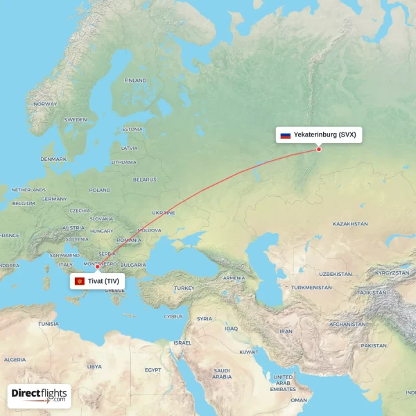 Tivat - Yekaterinburg direct flight map