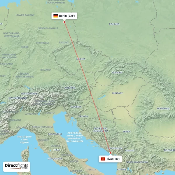 Tivat - Berlin direct flight map