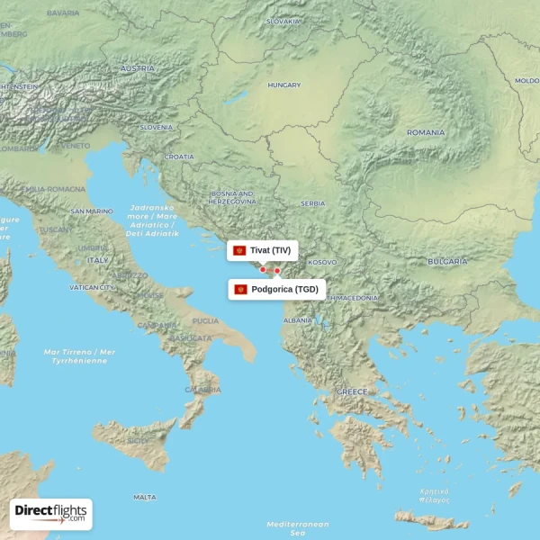 Tivat - Podgorica direct flight map