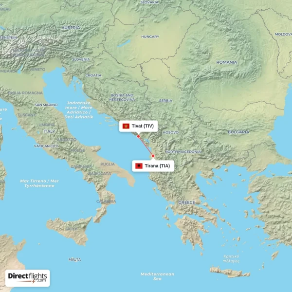 Tivat - Tirana direct flight map