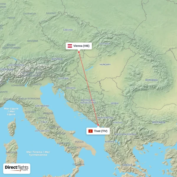 Tivat - Vienna direct flight map