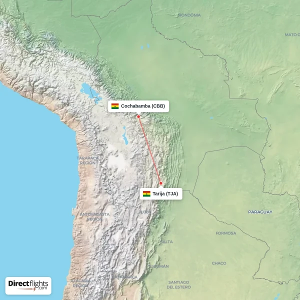 Tarija - Cochabamba direct flight map