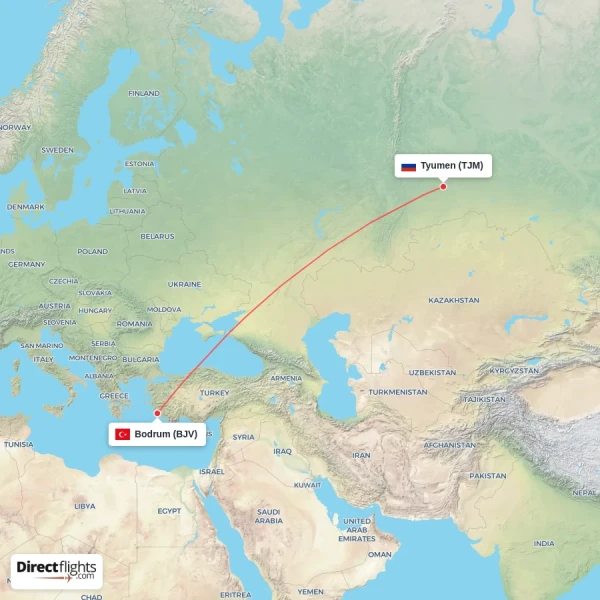 Tyumen - Bodrum direct flight map