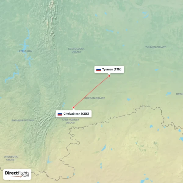 Tyumen - Chelyabinsk direct flight map