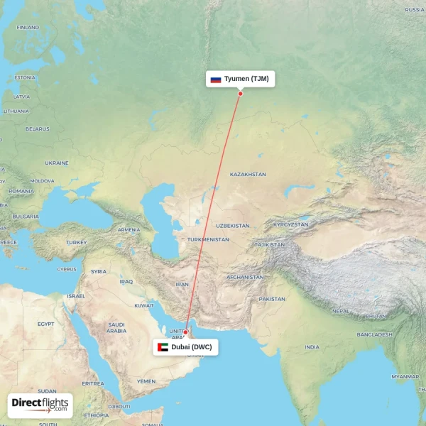 Tyumen - Dubai direct flight map